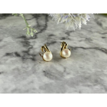 14K YELLOW GOLD PEARL & DIAMONDS EARRINGS