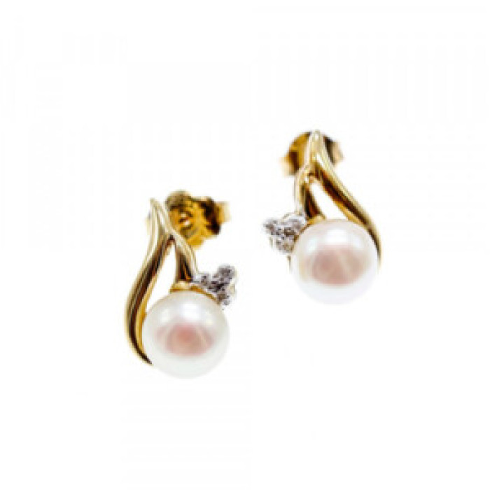14K Yellow Gold Pearl & Diamonds Earrings