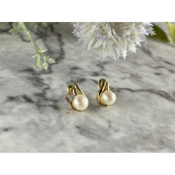 14K YELLOW GOLD PEARL & DIAMONDS EARRINGS