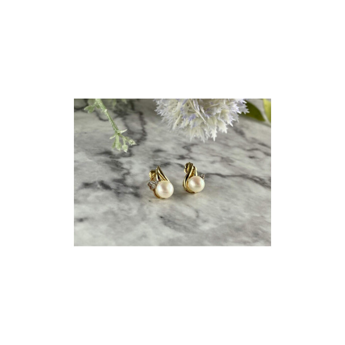 14K YELLOW GOLD PEARL & DIAMONDS EARRINGS