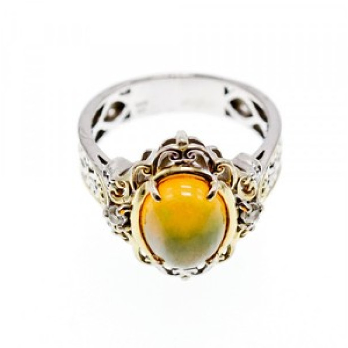 925 Sterling Silver Gold Plated Opal & Goshenite Ring Size 7