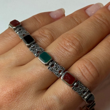 925 Sterling Silver Nephrite & Marcasite Bracelet Length 7.5 Inch
