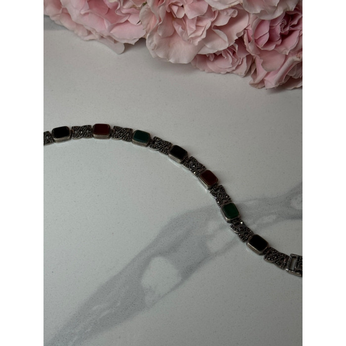 925 Sterling Silver Nephrite & Marcasite Bracelet Length 7.5 Inch