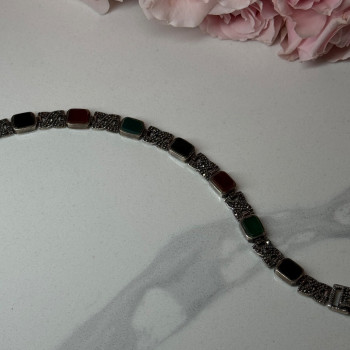 925 Sterling Silver Nephrite & Marcasite Bracelet Length 7.5 Inch