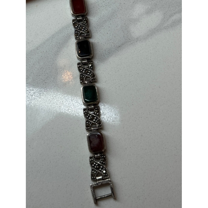 925 Sterling Silver Nephrite & Marcasite Bracelet Length 7.5 Inch