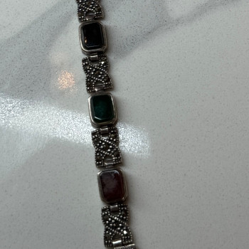 925 Sterling Silver Nephrite & Marcasite Bracelet Length 7.5 Inch