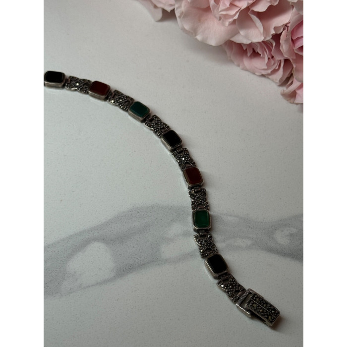 925 Sterling Silver Nephrite & Marcasite Bracelet Length 7.5 Inch