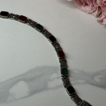 925 Sterling Silver Nephrite & Marcasite Bracelet Length 7.5 Inch