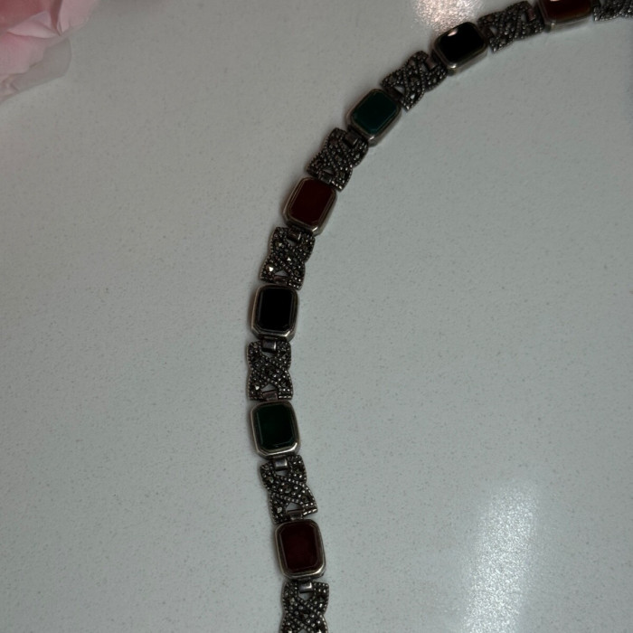 925 Sterling Silver Nephrite & Marcasite Bracelet Length 7.5 Inch