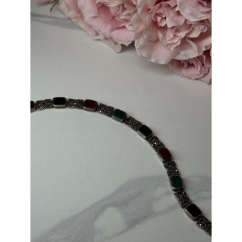 925 Sterling Silver Nephrite & Marcasite Bracelet Length 7.5 Inch