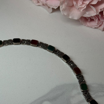 925 Sterling Silver Nephrite & Marcasite Bracelet Length 7.5 Inch