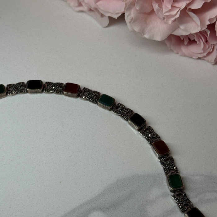 925 Sterling Silver Nephrite & Marcasite Bracelet Length 7.5 Inch