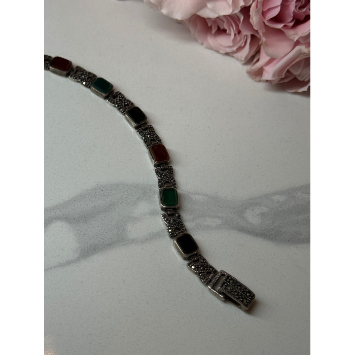 925 Sterling Silver Nephrite & Marcasite Bracelet Length 7.5 Inch