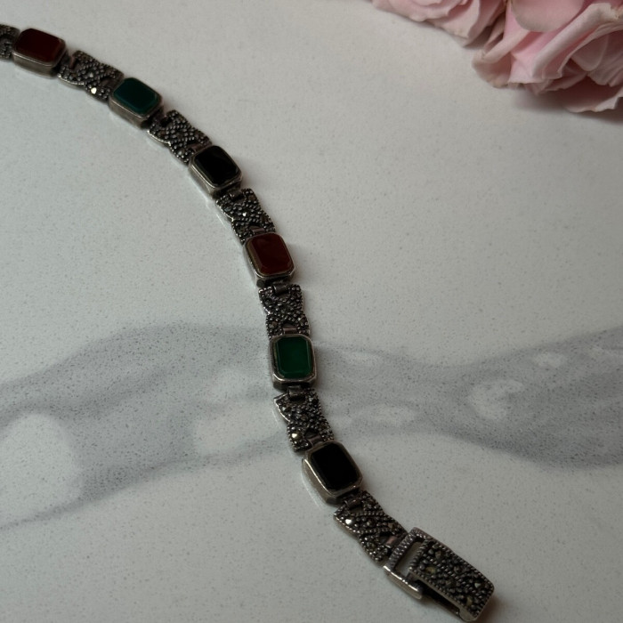 925 Sterling Silver Nephrite & Marcasite Bracelet Length 7.5 Inch
