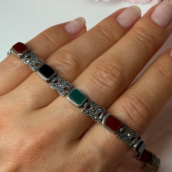 925 Sterling Silver Nephrite & Marcasite Bracelet Length 7.5 Inch