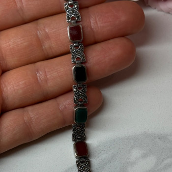 925 Sterling Silver Nephrite & Marcasite Bracelet Length 7.5 Inch