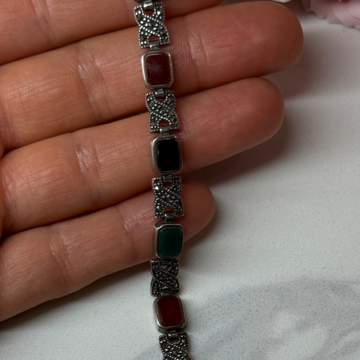 925 Sterling Silver Nephrite & Marcasite Bracelet Length 7.5 Inch