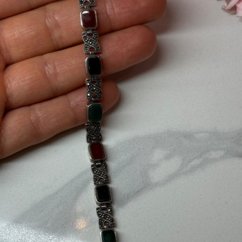 925 Sterling Silver Nephrite & Marcasite Bracelet Length 7.5 Inch