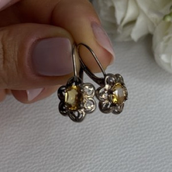 925 Sterling Silver Citrine Flower Earrings Length 1 Inch