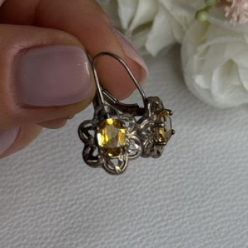 925 Sterling Silver Citrine Flower Earrings Length 1 Inch