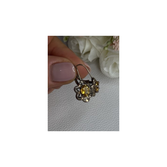 925 Sterling Silver Citrine Flower Earrings Length 1 Inch
