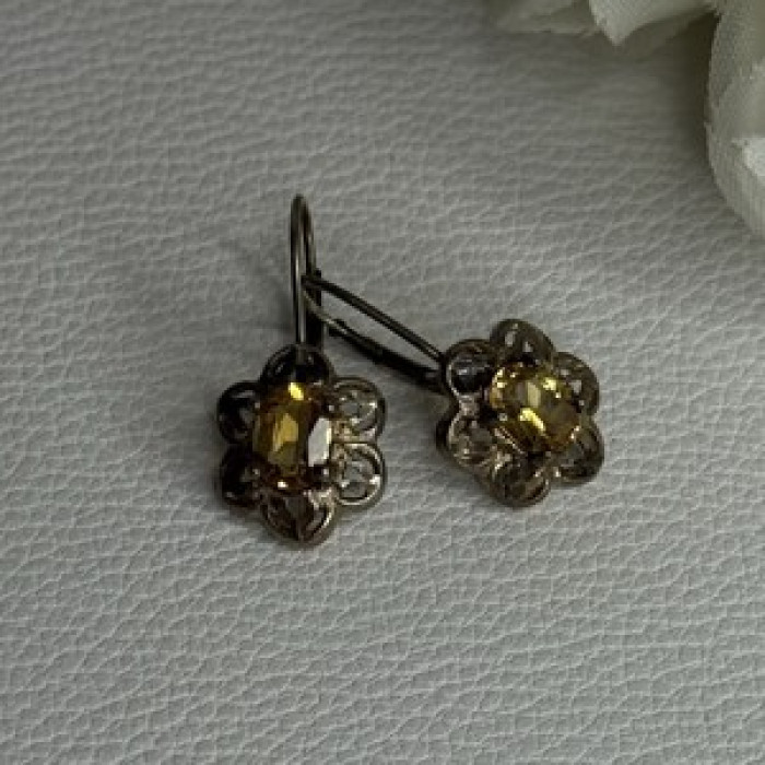925 Sterling Silver Citrine Flower Earrings Length 1 Inch
