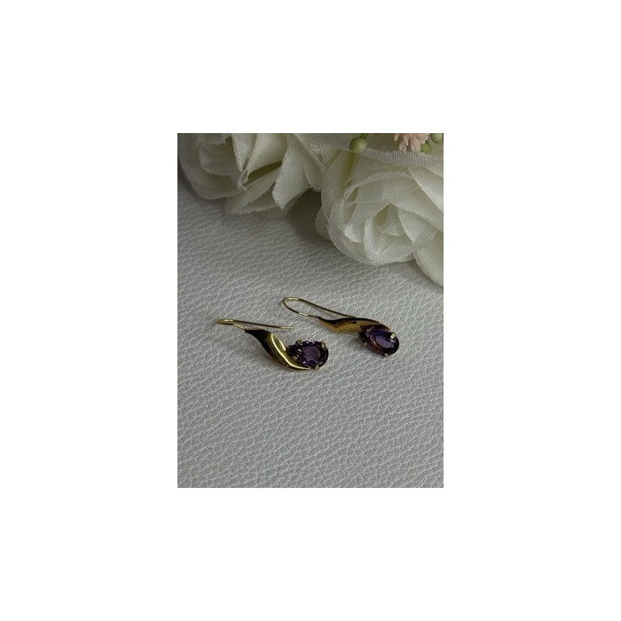 14K Yellow Gold Amethyst Earrings Length 0.90 inch