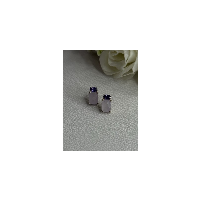 925 Sterling Silver Morganite & Amethyst Earrings Length 0.45 Inch