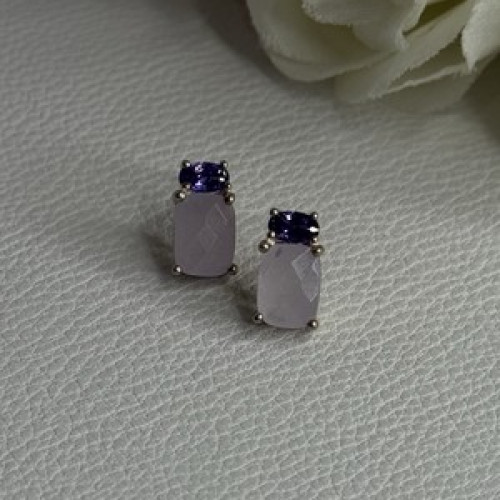 925 Sterling Silver Morganite & Amethyst Earrings Length 0.45 Inch