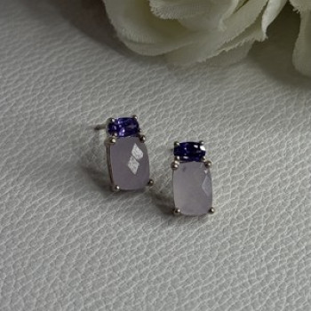 925 Sterling Silver Morganite & Amethyst Earrings Length 0.45 Inch