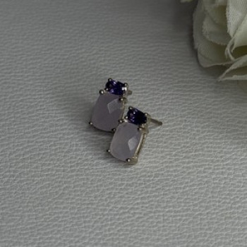 925 Sterling Silver Morganite & Amethyst Earrings Length 0.45 Inch