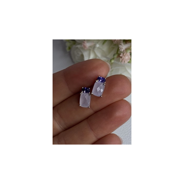 925 Sterling Silver Morganite & Amethyst Earrings Length 0.45 Inch