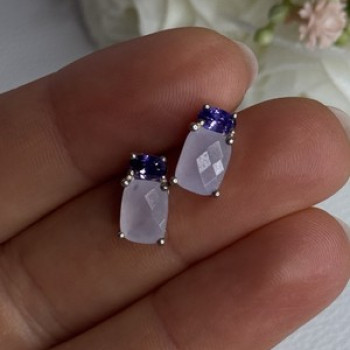 925 Sterling Silver Morganite & Amethyst Earrings Length 0.45 Inch