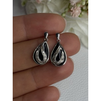 Elegant 925 Sterling Silver Black Onyx & Diamonds Earrings Length 0.80 Inch
