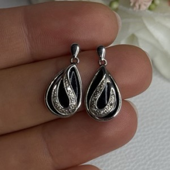 Elegant 925 Sterling Silver Black Onyx & Diamonds Earrings Length 0.80 Inch