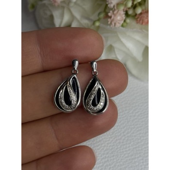 Elegant 925 Sterling Silver Black Onyx & Diamonds Earrings Length 0.80 Inch