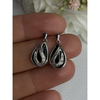 Elegant 925 Sterling Silver Black Onyx & Diamonds Earrings Length 0.80 Inch