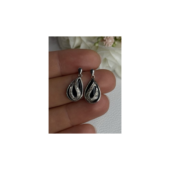 Elegant 925 Sterling Silver Black Onyx & Diamonds Earrings Length 0.80 Inch