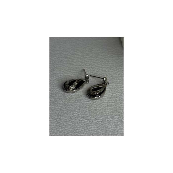 Elegant 925 Sterling Silver Black Onyx & Diamonds Earrings Length 0.80 Inch