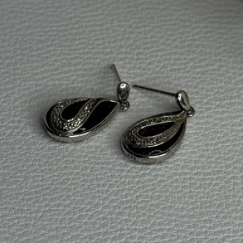 Elegant 925 Sterling Silver Black Onyx & Diamonds Earrings Length 0.80 Inch