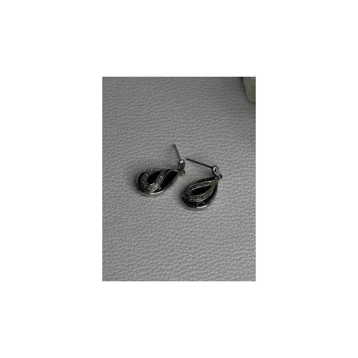 Elegant 925 Sterling Silver Black Onyx & Diamonds Earrings Length 0.80 Inch