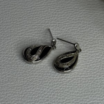 Elegant 925 Sterling Silver Black Onyx & Diamonds Earrings Length 0.80 Inch