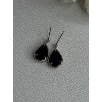Elegant 925 Sterling Silver Black Onyx & Diamonds Earrings Length 0.80 Inch