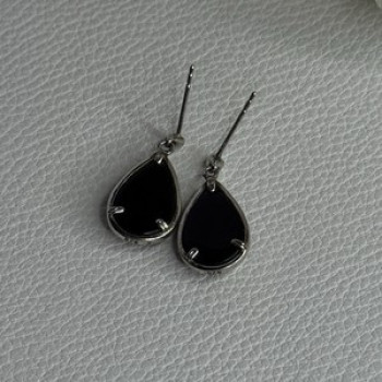 Elegant 925 Sterling Silver Black Onyx & Diamonds Earrings Length 0.80 Inch