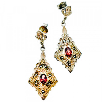 925 Sterling Silver Garnet & Marcasites Earrings