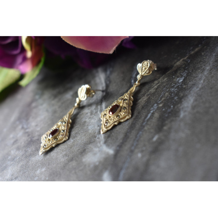 925 Sterling Silver Garnet & Marcasites Earrings