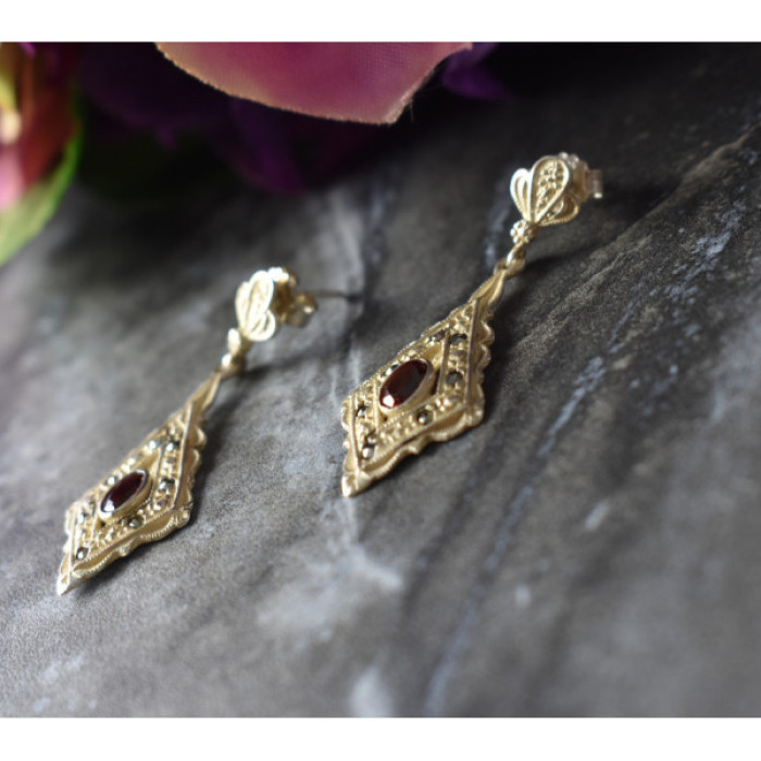 925 Sterling Silver Garnet & Marcasites Earrings