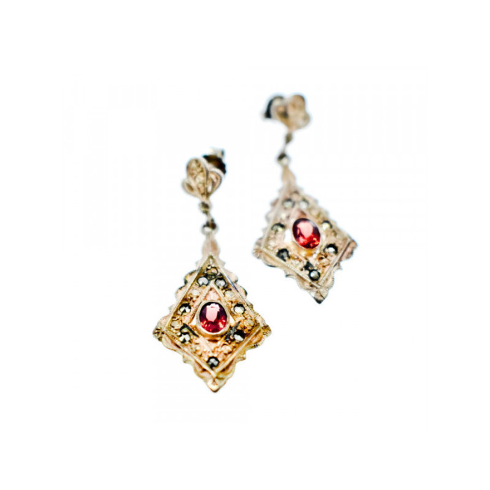 925 Sterling Silver Garnet & Marcasites Earrings