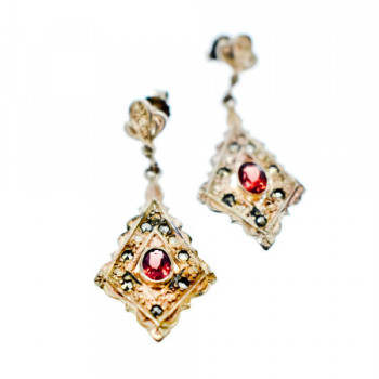 925 Sterling Silver Garnet & Marcasites Earrings