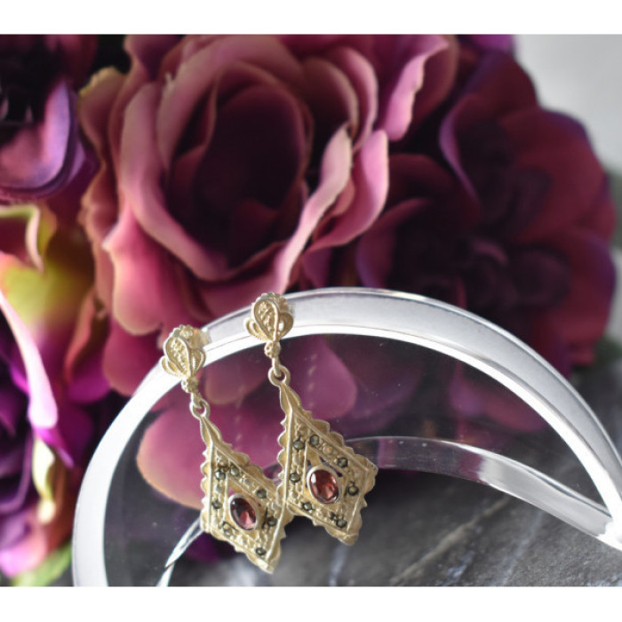 925 Sterling Silver Garnet & Marcasites Earrings